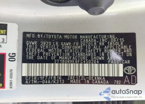 2015 Toyota Corolla L/Le/Le Pls/Prm/S/S Pls from USA, damaged, VIN 2T1BURHE6FC450204